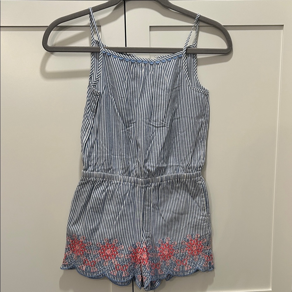 Vineyard Vines Blue and White Striped Romper with Pink & Blue Embroidery Detail